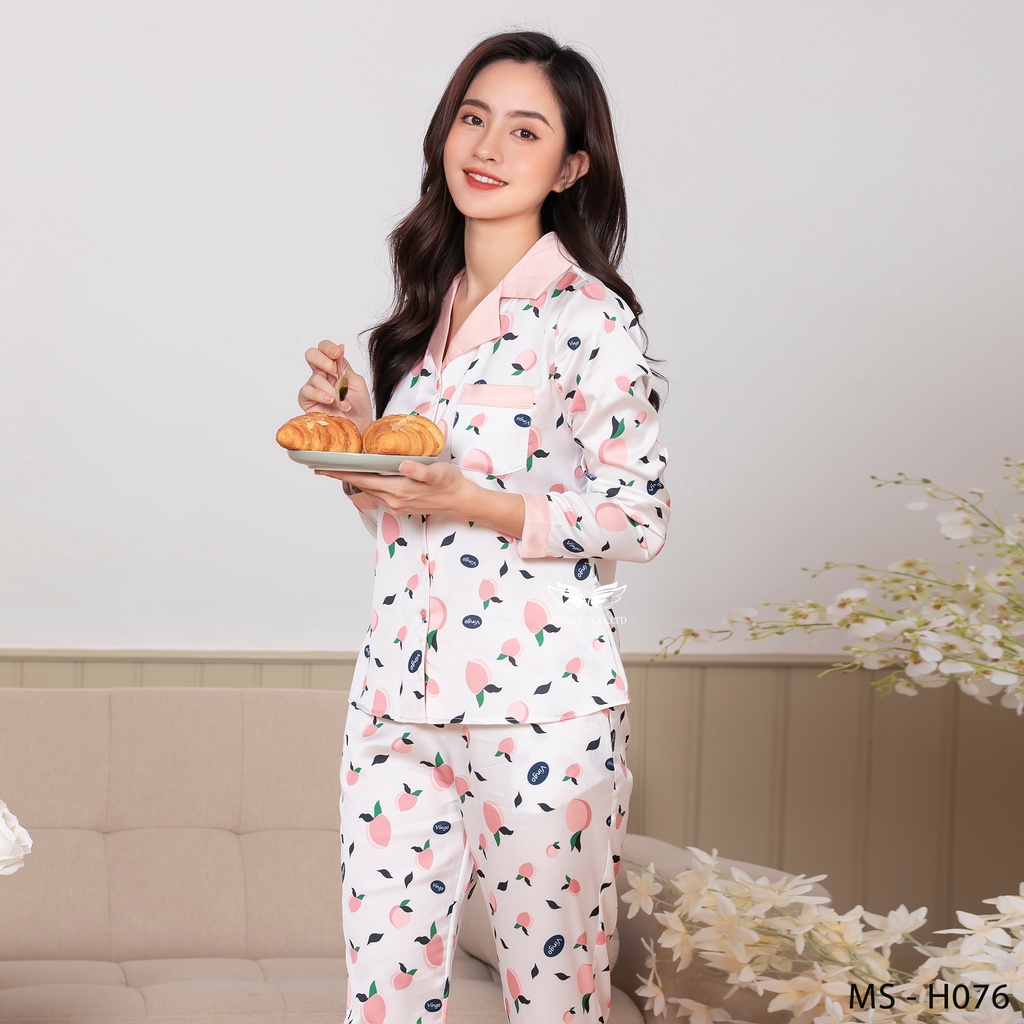 Đồ Bộ Nữ Pijama Mặc Nhà VINGO Lụa Pháp Cao Cấp Tay Dài Quần Dài Mùa Thu Đông Họa Tiết Trái Đào Hồng H076 VNGO - TDQD