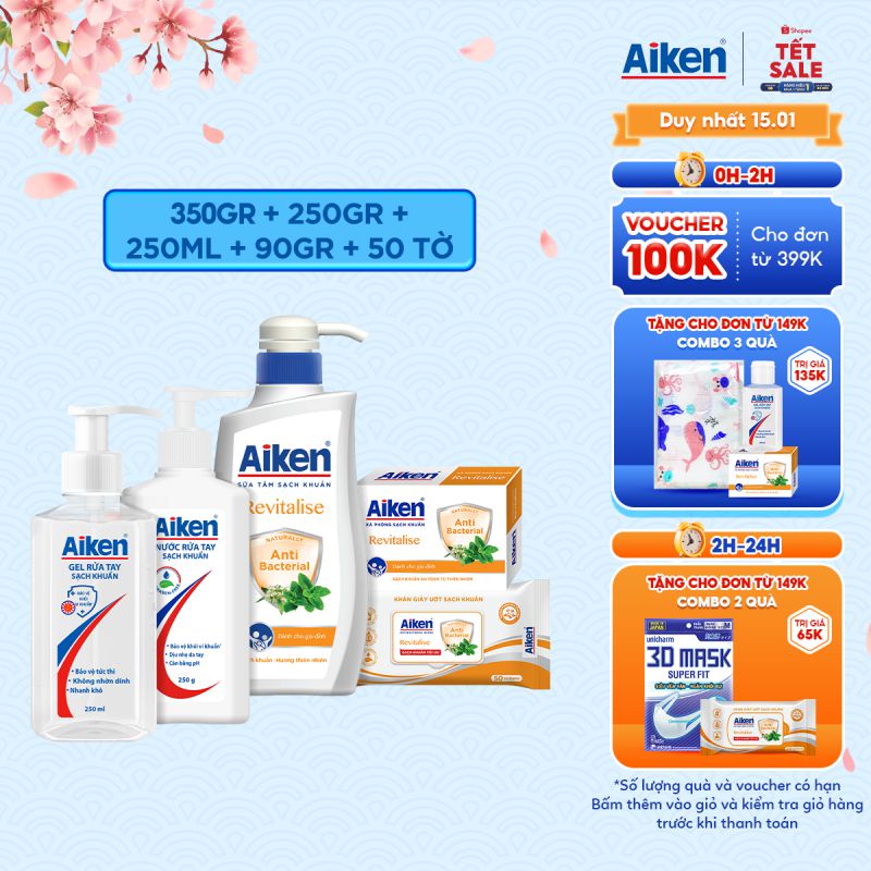 Trọn bộ Sạch Khuẩn Bạc hà Aiken : Gel rửa tay 250ml, Nước rửa tay 250g, Sữa tắm 350g, Xà phòng 90