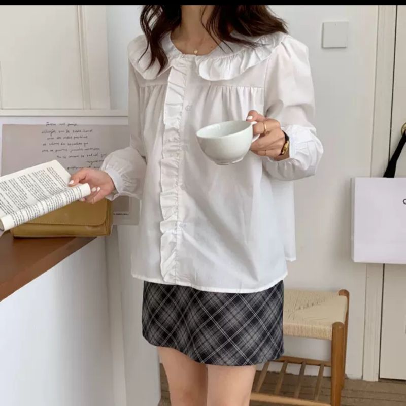Áo babydoll cổ bèo phong cách hàn quốc áo sơ mi kiểu