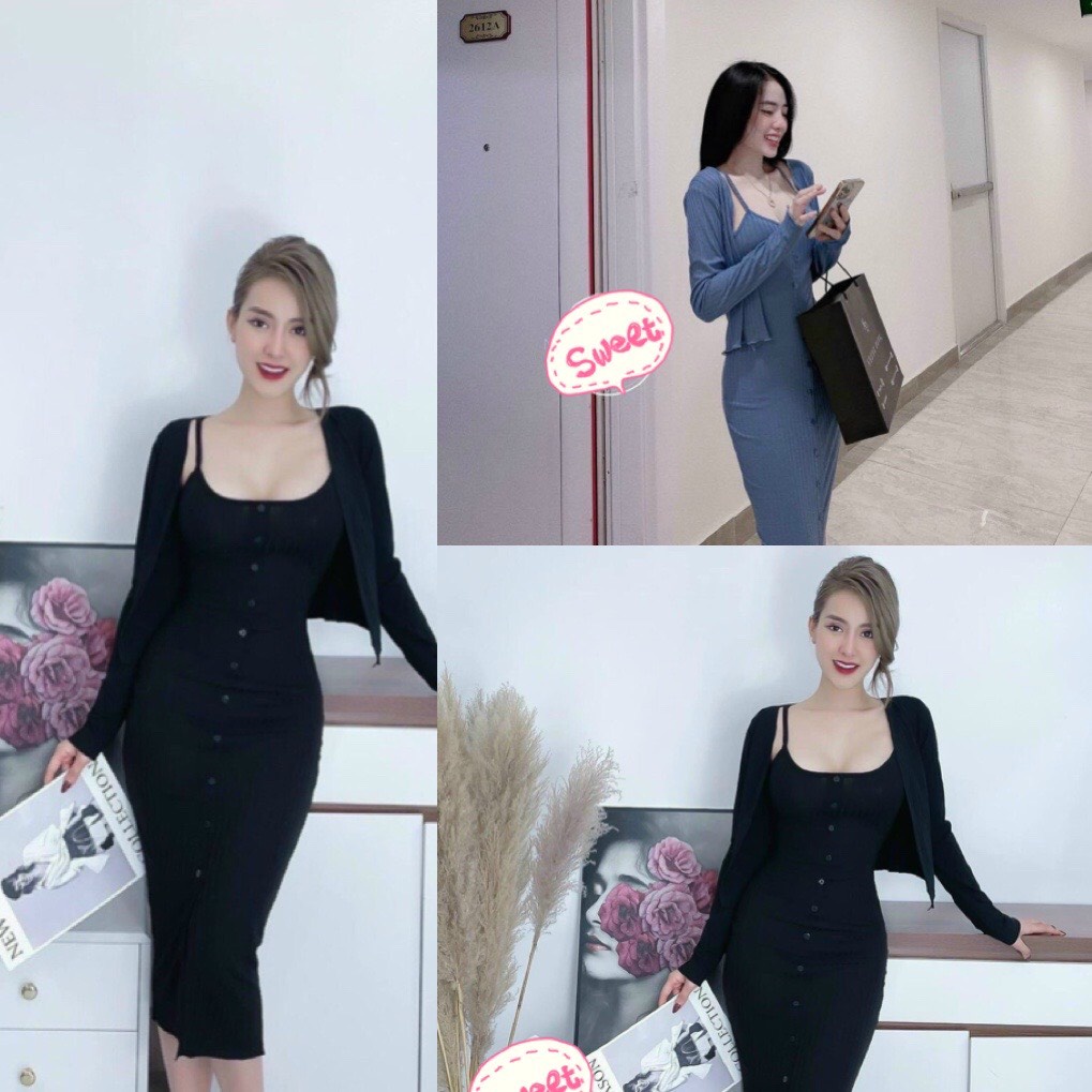 Set Đầm body hai dây from dài chất thun L1 kèm áo khoác, đầm siêu tôn dáng | BigBuy360 - bigbuy360.vn