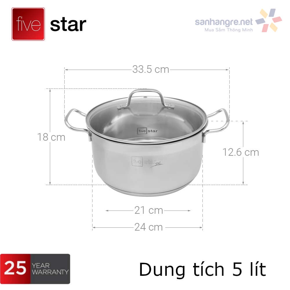 Bộ Nồi, Chảo 5 Đáy Inox 304 Fivestar Plus FPB55D001 Vung Kính Đáy Từ, hàng chính hãng Bảo Hành 25 Năm