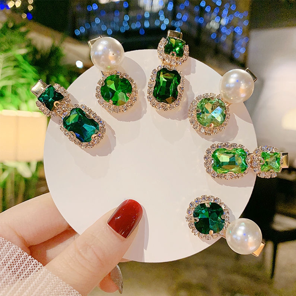 Kẹp Tóc Đính Đá Lục Bảo Phối Ngọc Trai Thanh Lịch Cho Nữ