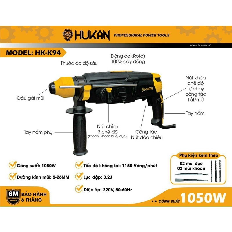 Máy Khoan Bê tông 3 chức năng hukan K94 Công suất 1050w