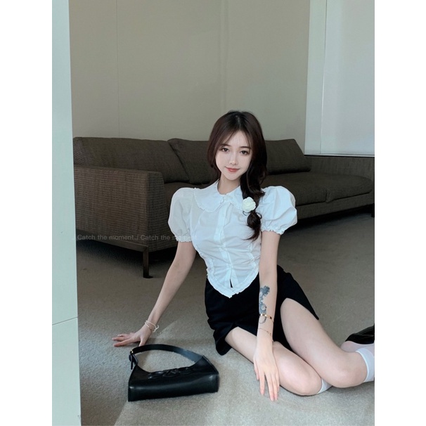 Váy quần màu đen dáng chữ A ôm xẻ tà cạp cao chất dày dặn màu đen