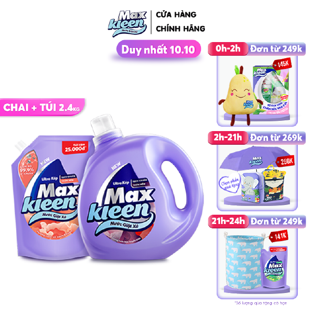 Combo Chai Nước Giặt Xả Maxkleen 2,4kg Hương Huyền Diệu + Túi Nước Giặt Xả MaxKleen Hương Cam Sả 2,4kg