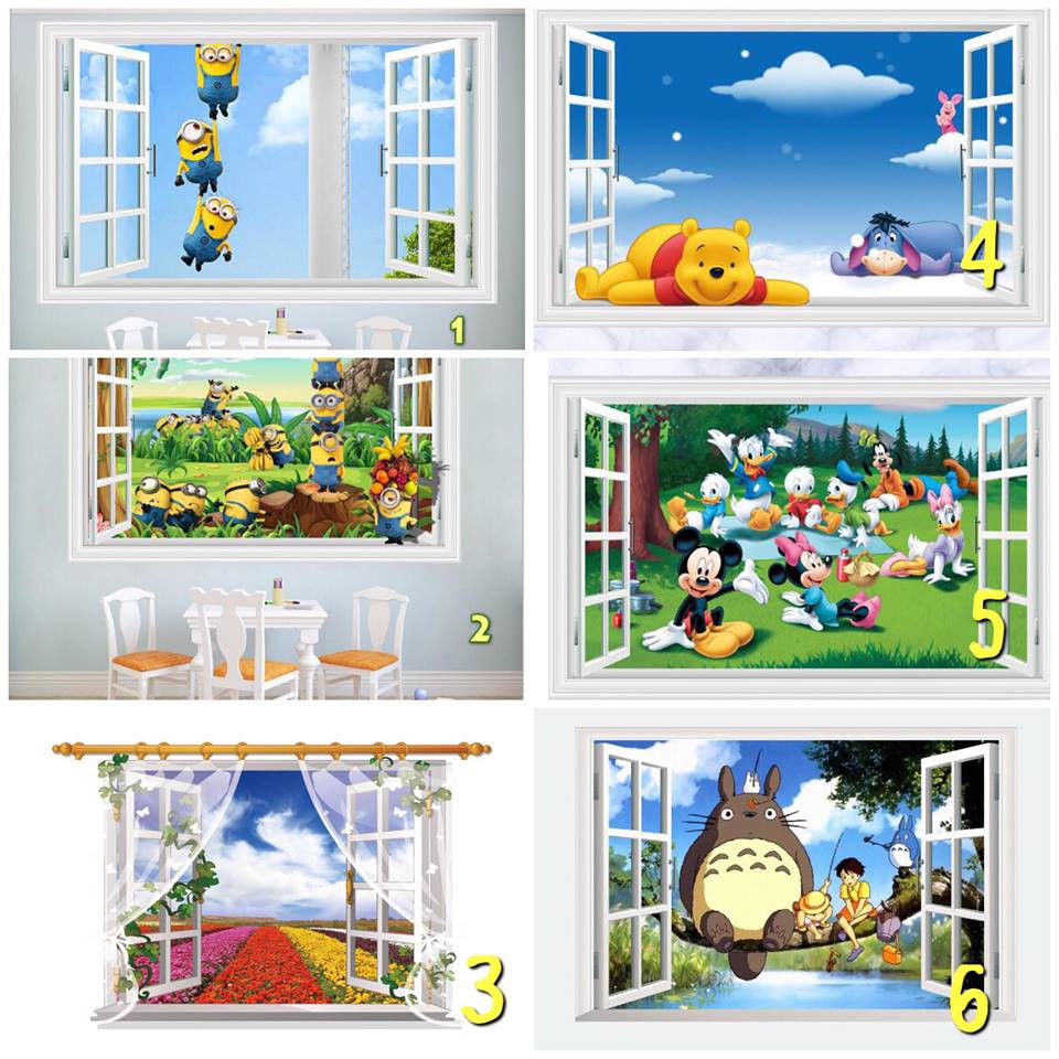 Decal trang trí tường khung cửa sổ 3D nhiều phim hoạt hình nổi tiếng
