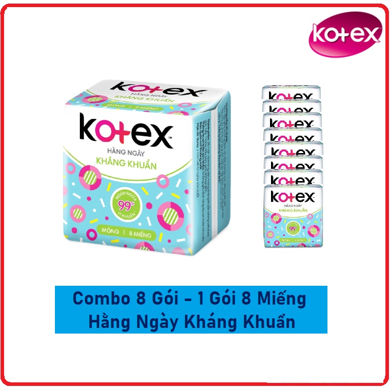 Combo Lốc 8 Gói Băng Vệ Sinh KOTEX Hằng Ngày Kháng Khuẩn Gói 8 Miếng &amp; 20 Miếng &amp; 40 Miếng