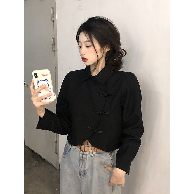 Áo Sơ Mi Ngắn Tay Dài Màu Đen Phối Nút Thời Trang Vintage Trung Hoa