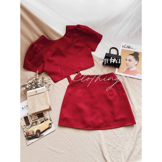 Set áo croptop cột sau chân váy đỏ
