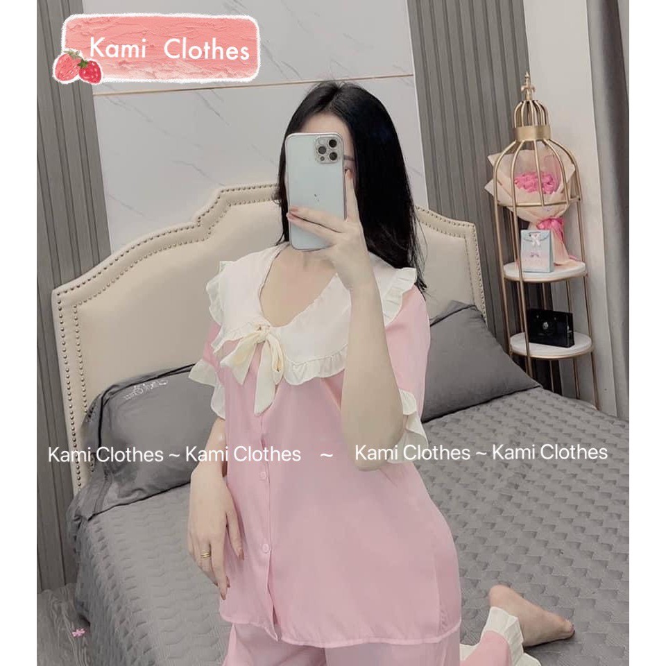 Video/ảnh thật - Bộ lụa ngủ nữ cổ bèo cộc tay chất lụa satin mát lịm bao đẹp, bao mát, Bộ Pijama - Kami Clothes