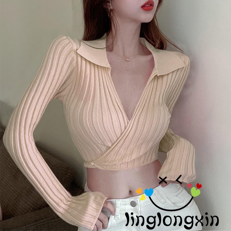 Áo Croptop Dệt Kim Tay Dài Cổ Chữ V Màu Trơn / Trắng / Mơ / Hồng Linglongxi2