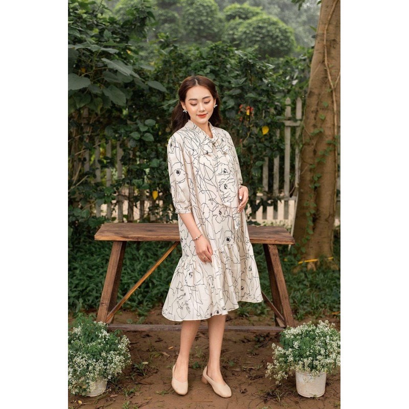 Váy Bầu Công Sở Nơ Cổ Chất Liệu Lụa Hàn Quốc Mềm Mịn Đủ Size Cho Mẹ Bầu Và Sau SinhTừ 47-85kg BELLA MAMA - V02