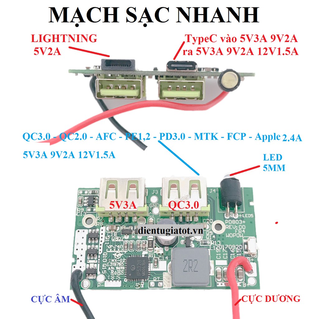 Mạch sạc dự phòng sạc nhanh Qc3.0/ PD3.0 2 cổng ra (mạch mới)