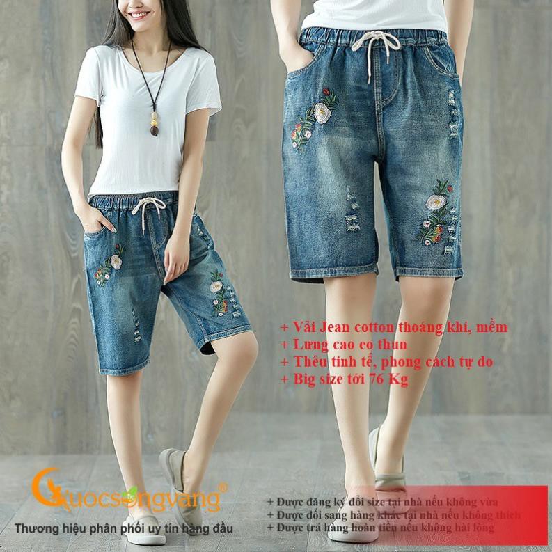 Quần lửng nữ denmin quần jean lửng eo thun thêu hoa màu xanh đen GLQ107 :))