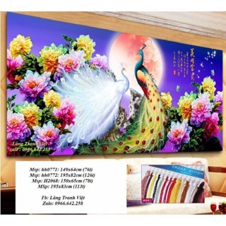 Tranh Đính Đá-Tranh Thêu chim công khổ lớn 195x83cm