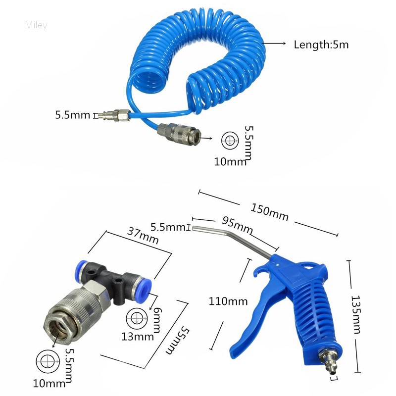 Bộ vòi xịt bụi + đầu nối ống hơi 3 ngã chữ T và dây vòi dạng xoắn ốc 5m