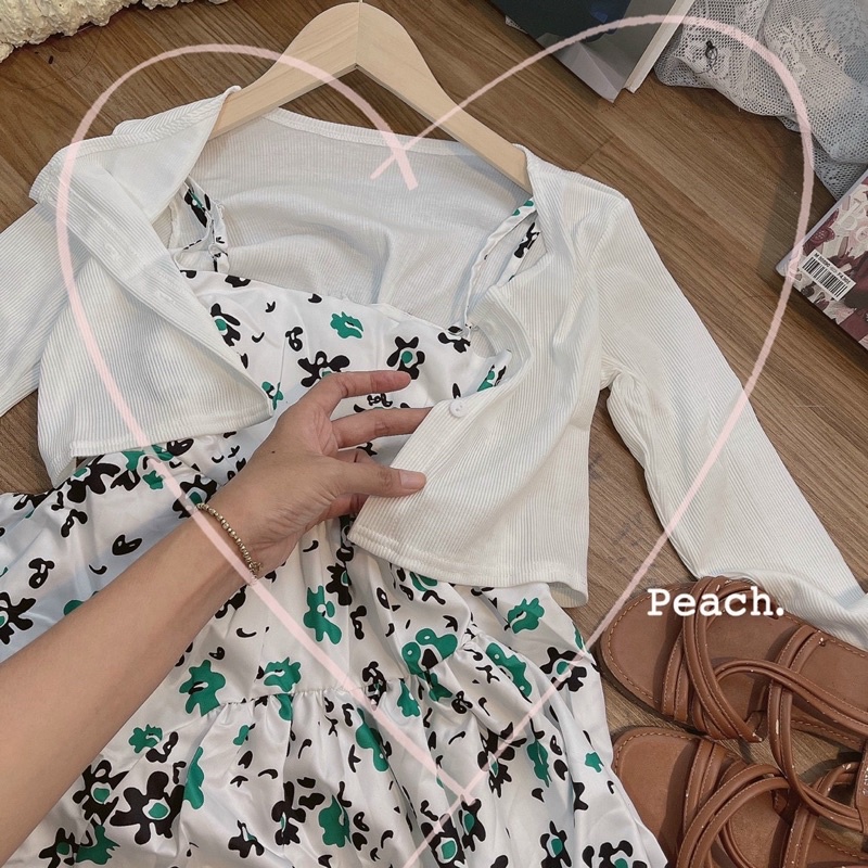 SET ĐẦM HOA XANH + ÁO KHOÁC TRẮNG GÂN