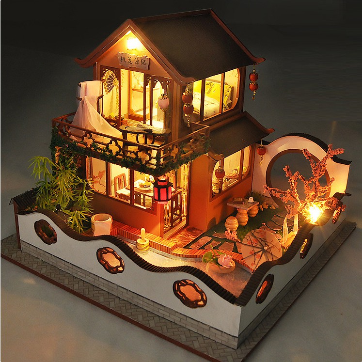 Mô hình nhà DIY Doll House Ancient Style Paradise kèm Mica Chống bụi, Hộp nhạc, Bộ dụng cụ và Keo dán