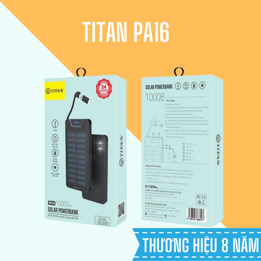 Pin Sạc Dự Phòng Năng Lượng Mặt Trời 10.000mAh Titan PA16 tặng gậy tự sướng