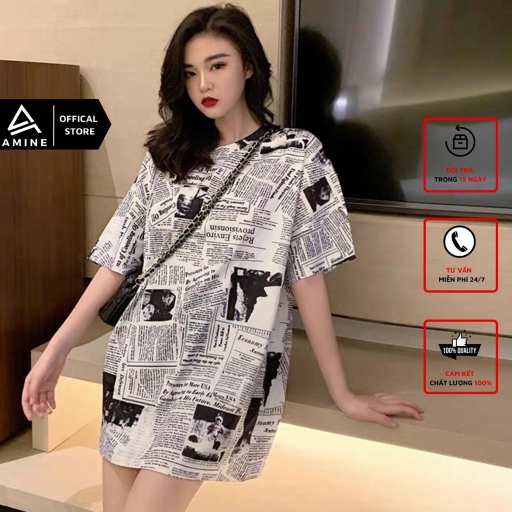 Áo phông nữ, Áo thun nữ Form rộng giấu quần Hàn Quốc họa tiết báo B22