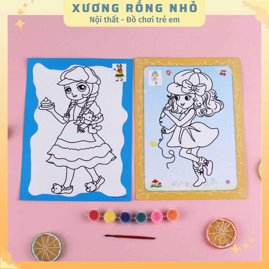 Tranh tô màu cho bé -  bộ 2 tranh tô tặng kèm màu cho bé thỏa sức sáng tạo - Xương Rồng Nhỏ