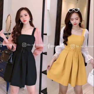 Đầm xòe tay dài phối voan tơ nhũ cổ vuông bụng đan dây hàng Thiết Kế
