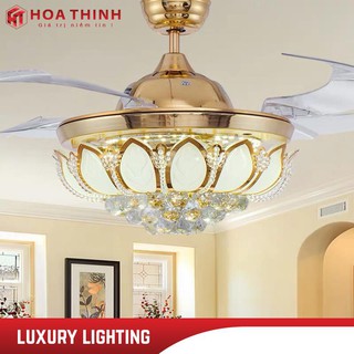 (Bảo hành 5 năm) Quạt trần đèn_Đèn quạt trần đóa hoa sen pha lê giấu cánh 3 chế độ ánh sáng,có điều khiển HTQ-16