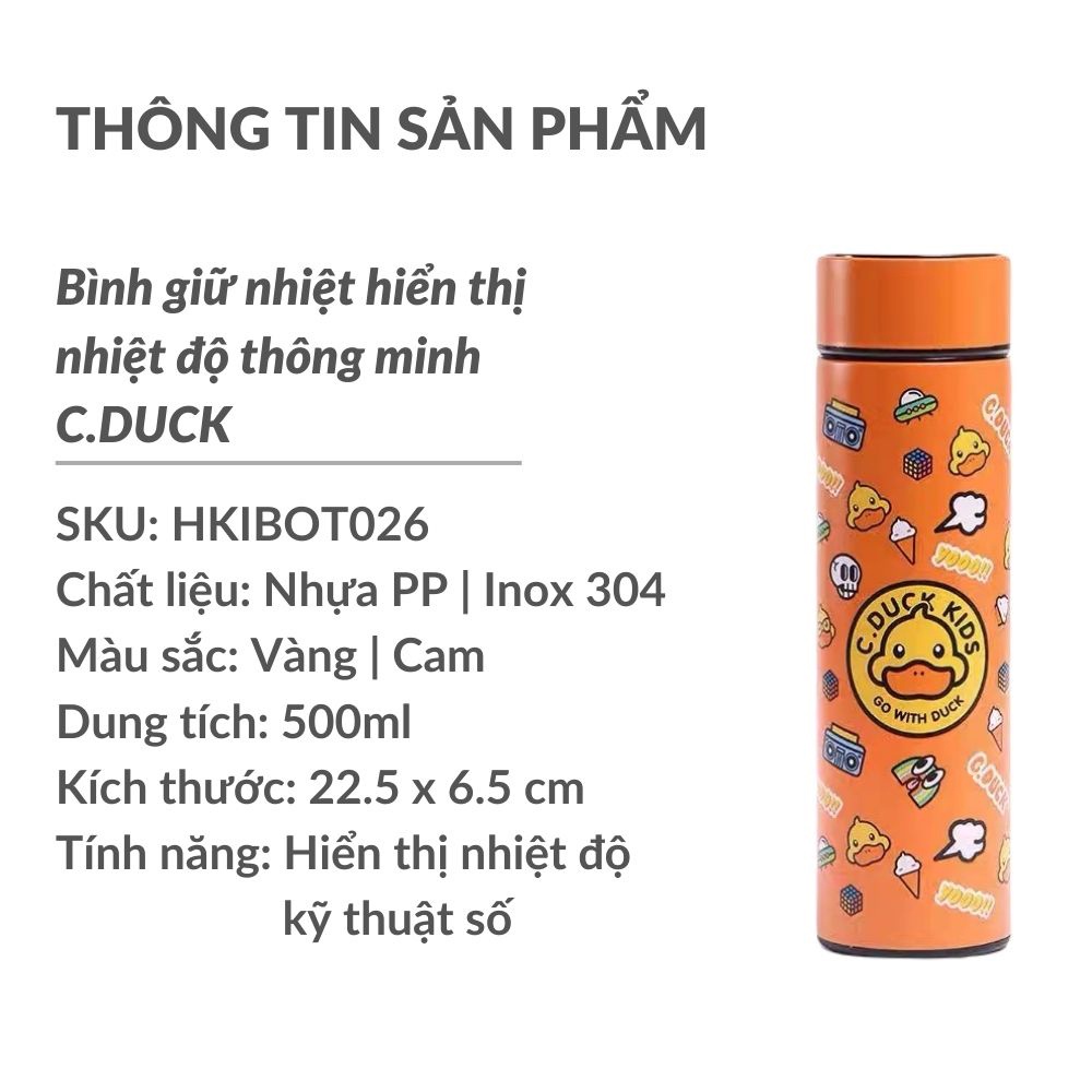Bình Giữ Nhiệt Hiển Thị Nhiệt Độ Nước Dáng Cao Hình VỊT VÀNG Siêu Đáng Yêu