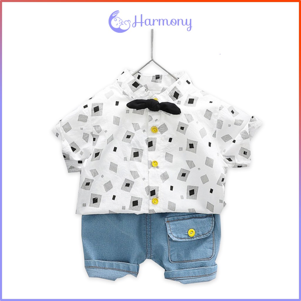 Set áo sơ mi đính nơ râu trendy quần jean ngắn bé trai, cool ngầy từ 9 12 tháng 1 tuổi 3 tuổi