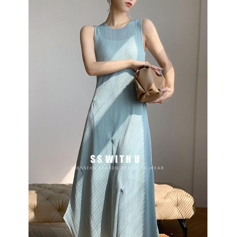 Đầm Dài Trung Bình Xếp Ly Màu Xanh Bạc Hà Thanh Lịch Thời Trang Mùa Hè Hàng Mới Dành Cho Bạn Nữ