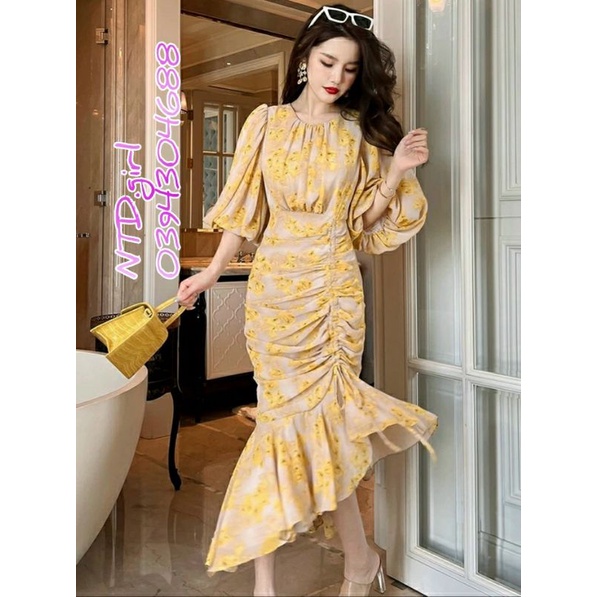 Hàng nhập - Đầm dáng ôm đuôi cá tay phồng sang trọng, váy dự tiệc cổ tròn xếp li tùng nhíu thun