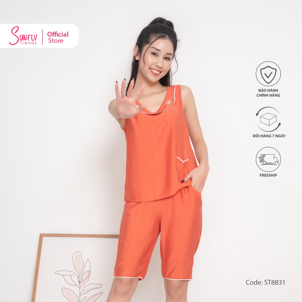 Bộ đồ mặc nhà nữ linen SUNFLY áo sát nách quần trên gối ST8831