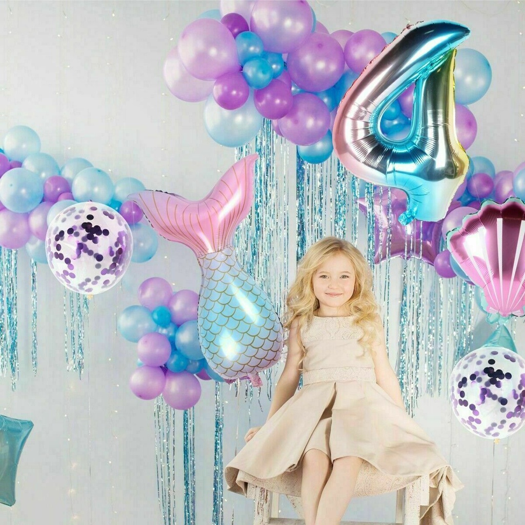 JANE 7pcs/lot Baby Shower Mermaid Tail Balloon Gradient Color Decoration Supplies Number Foil Balloons Large Helium Globos Kids 32 inch Birthday Party