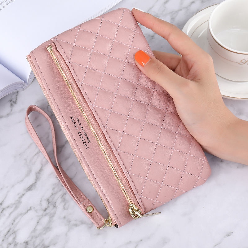 Ví Cầm Tay Dáng Dài Màu Trơn Có Khóa Kéo Đính Đá Đơn Giản Thời Trang Cho Nữ