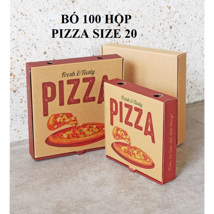 Bó 100 hộp Pizza in 4 màu size 20 kích thước 20x20x4cm, Hộp 3 lớp sóng E bồi Kraf nâu.