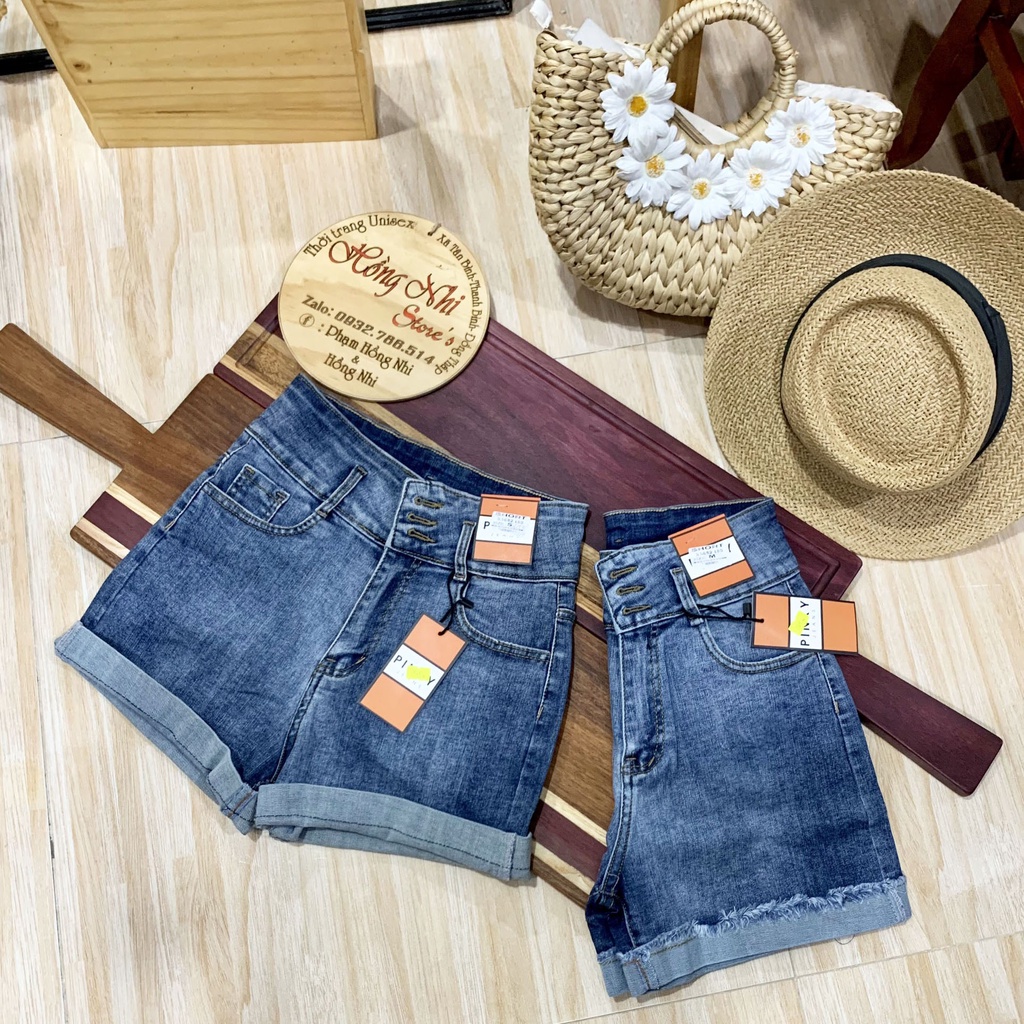 Quần Short Jean Đùi Cạp Cao Xắn Lai 3 Cúc Co Giãn Cao Cấp Ulzzang