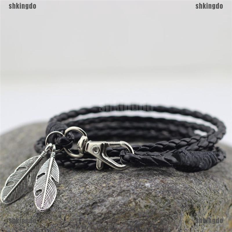 Vòng đeo tay da PU trang trí mặt lông vũ thời trang cho nam