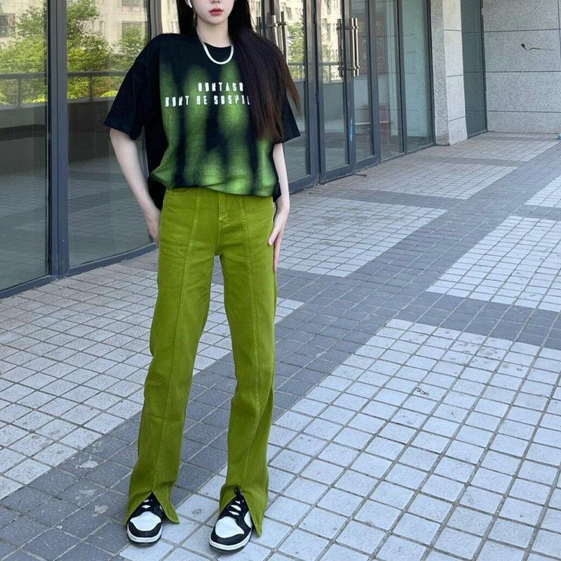 Quần Jean Ống Rộng Xẻ Tà Màu Xanh Lá Dầu Phong Cách Đường Phố Thời Trang Mùa Hè Hàng Mới Dành Cho Bạn Nữ