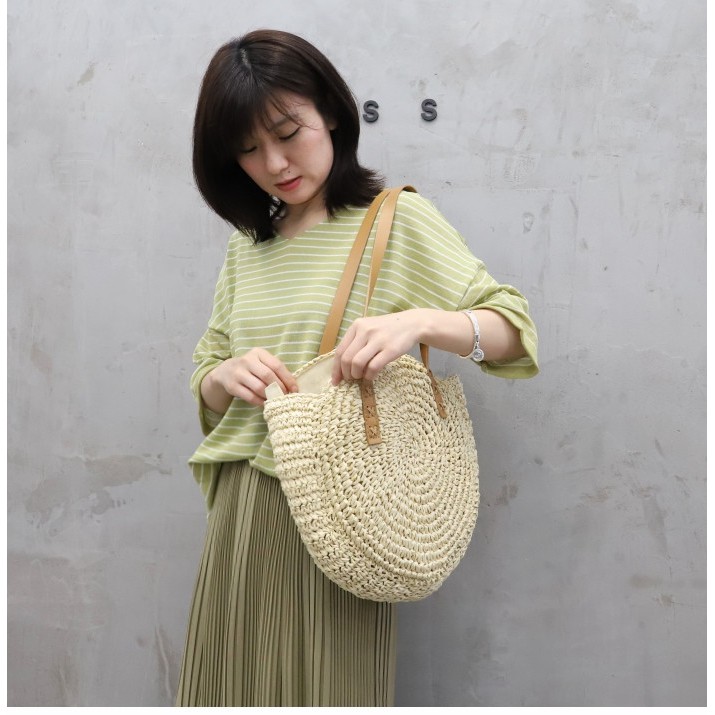 Labonia-Túi xách Labonia bằng rơm hình tròn cỡ lớn thời trang mùa hè cho nữ