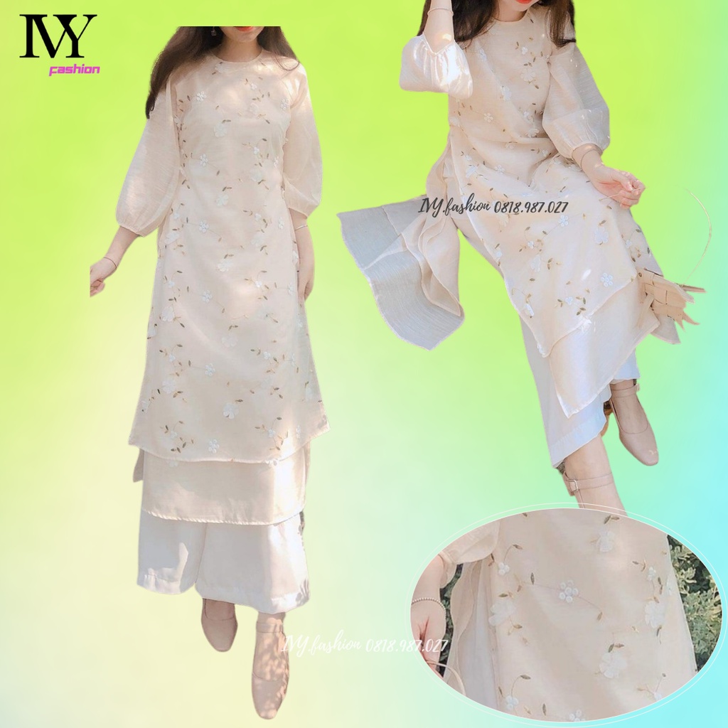 🔥40-65KG🔥 Set áo dài cách tân 🔥voan hoa nổi 3D🔥 kem nude tà dài ivy.fashion đi biển dự tiệc dạo phố bigsize gợi cảm sexy