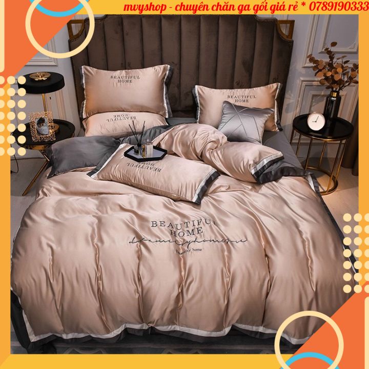 Bộ Chăn Ga Vỏ Gối Phi Lụa Best Beauty Phối Màu Đơn Sắc - Thêu Chữ Sang Trọng Hàng Nhập Khẩu loại 1