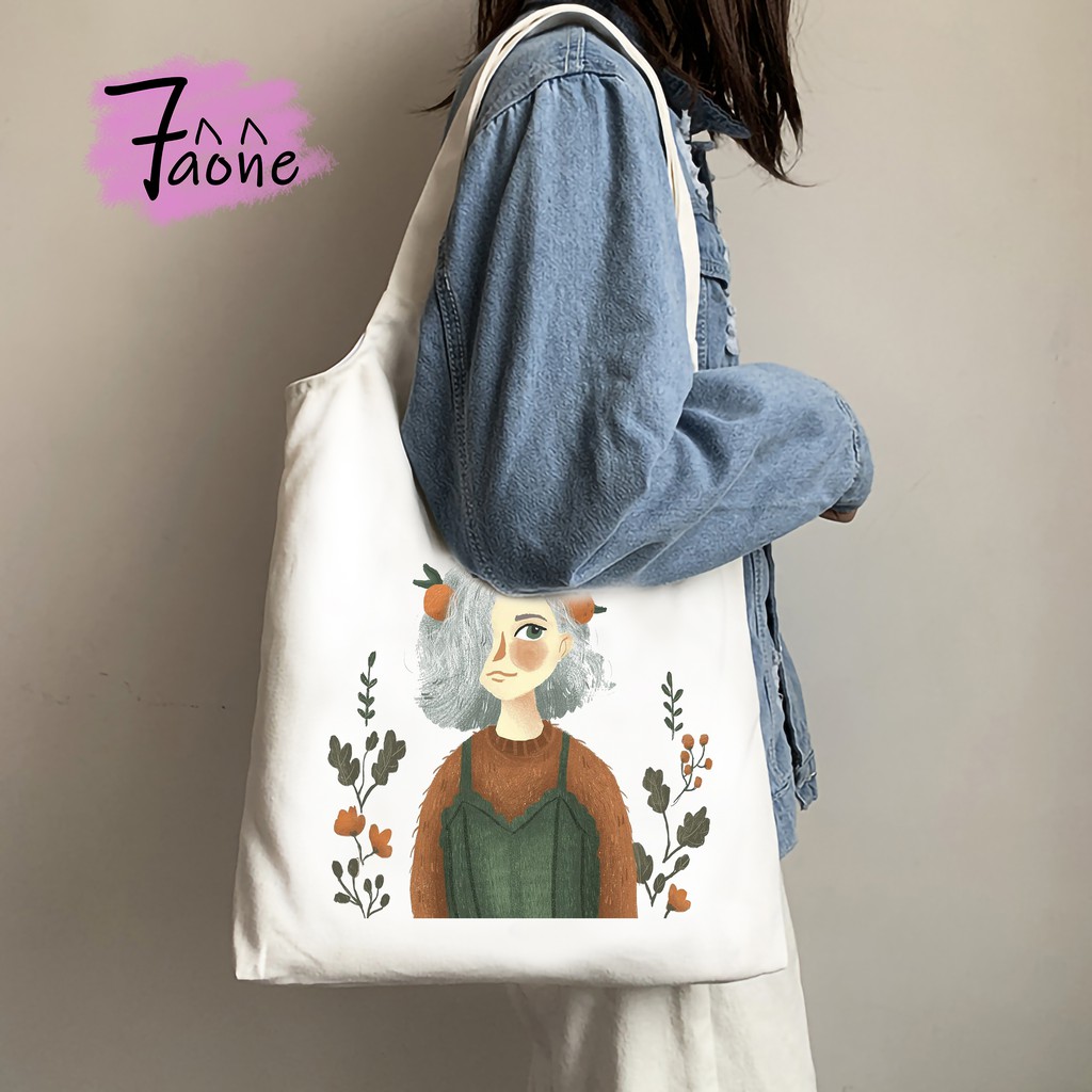 TÚI TOTE QUAI TRÒN NÀNG NGỐC NGHẾCH ĐEO VAI (CÓ NÚT + TÚI CON) VẢI CANVAS