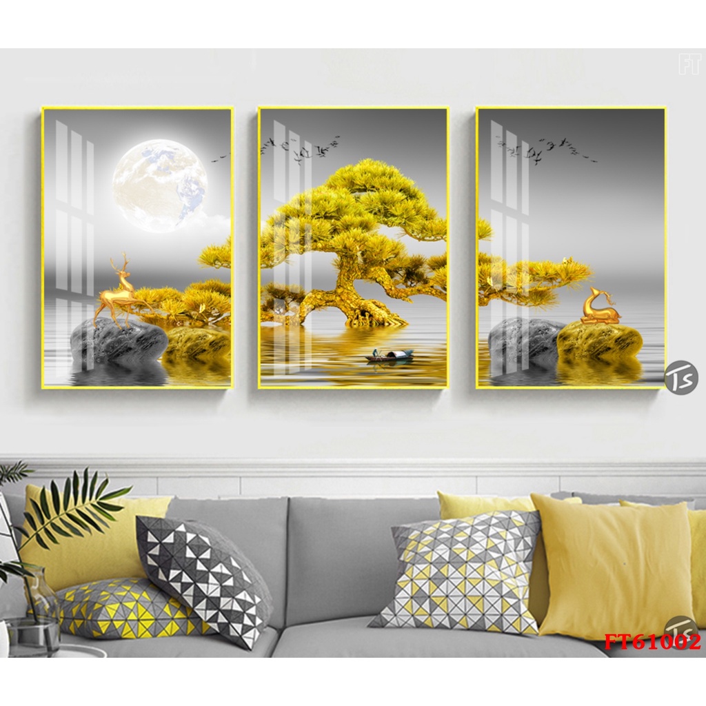 Bộ 3 tranh tráng gương treo phòng khách hiện đại kích thước 60x90x3 cực to