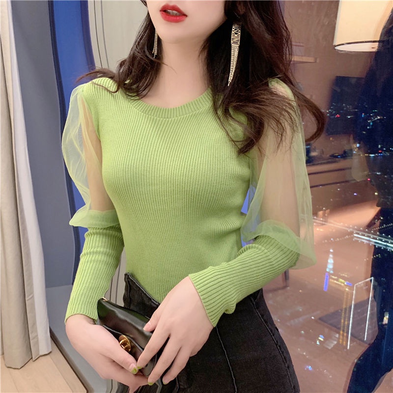 Áo Sweater Dệt Kim Phối Lưới Tay Phồng Dáng Ôm Co Giãn Thời Trang Mới