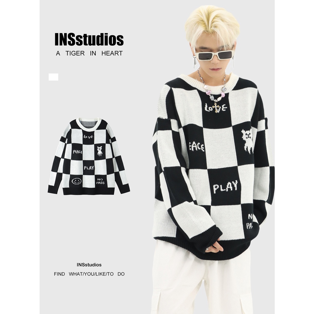 FREESHIP【Bruh】LOCAL BRAND TRUNG INS áo len kẻ caro cổ tròn tương phản