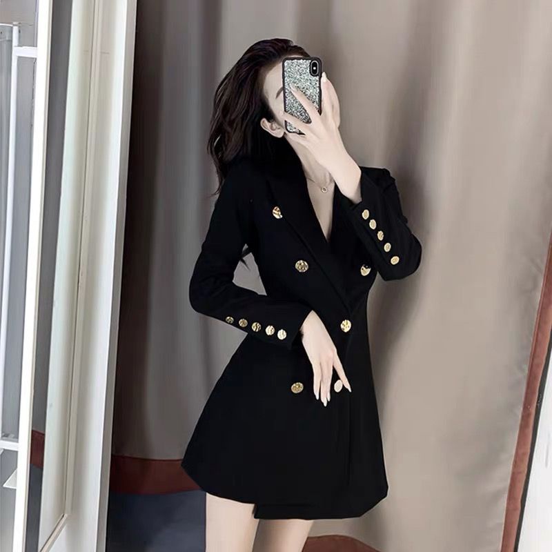 Spring suit 2022 New Women's French Design Minority waist shows thin Black Professional suit dress