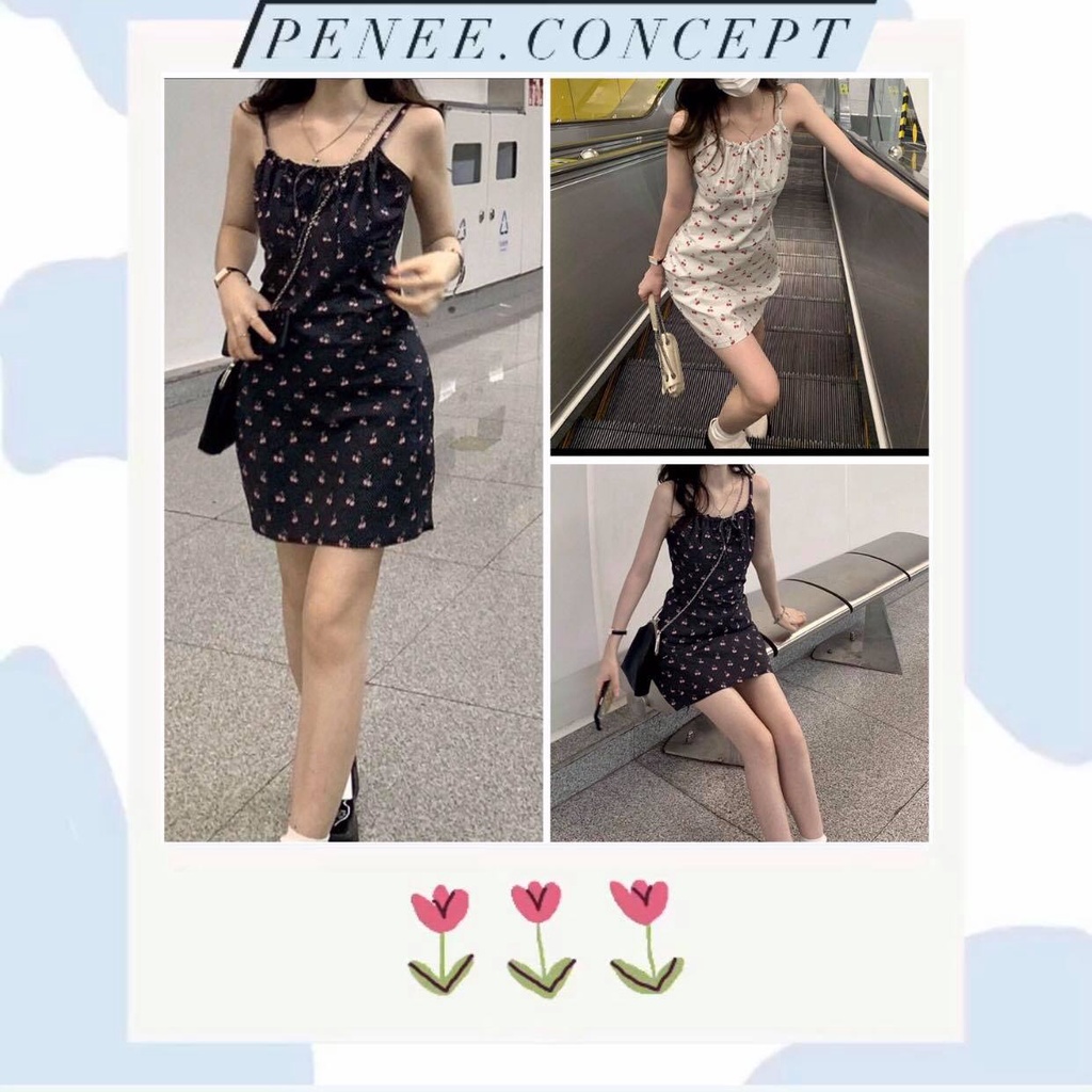 Váy 2 dây hoạ tiết hoa xinh xắn/Đầm 2 dây ôm body cột nơ ngực phong cách Hàn Quốc trẻ trung Penee.concept