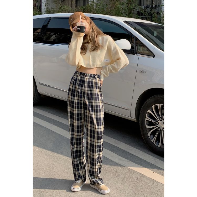 Plaid Mopping Casual Pants for Women 2021 Spring and Summer New High Waist Straight Drooping Wide Leg Pants Suit Pants Loose Pants