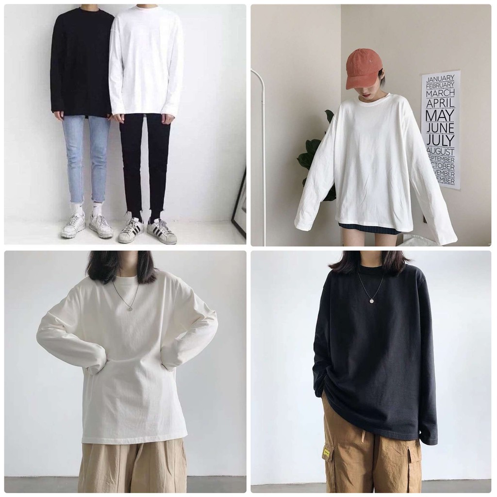 Áo Thun Nữ Và Nam Dài Tay Basic Unisex Form Rộng Dưới 75kg - Áo Phông Tay lỡ Form Dài Giấu Quần - MH.SHOPEE