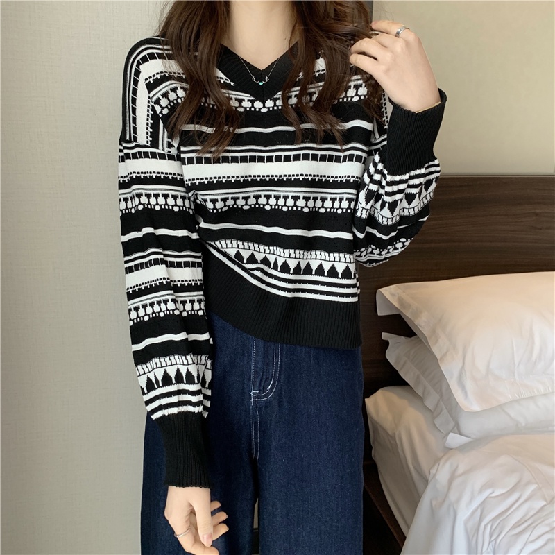 Áo sweater ZHELIHANGFEI tay dài dáng rộng cổ chữ V họa tiết kẻ sọc trẻ trung